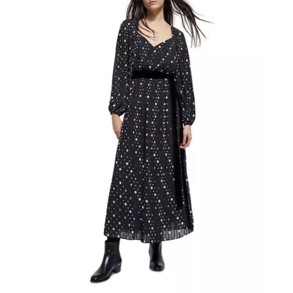 The Kooples Polka Dot Maxi Dress NWT Pleated Long Sleeve Black White Size M
